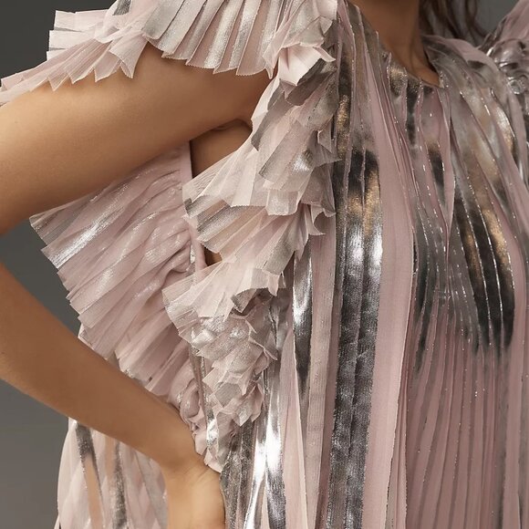 NWOT By Anthropologie Flutter-Sleeve Foil Pleated Top - Picture 2 of 9